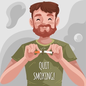 Bearded man in QUIT SMOKING t-shirt breaking a cigarette stick