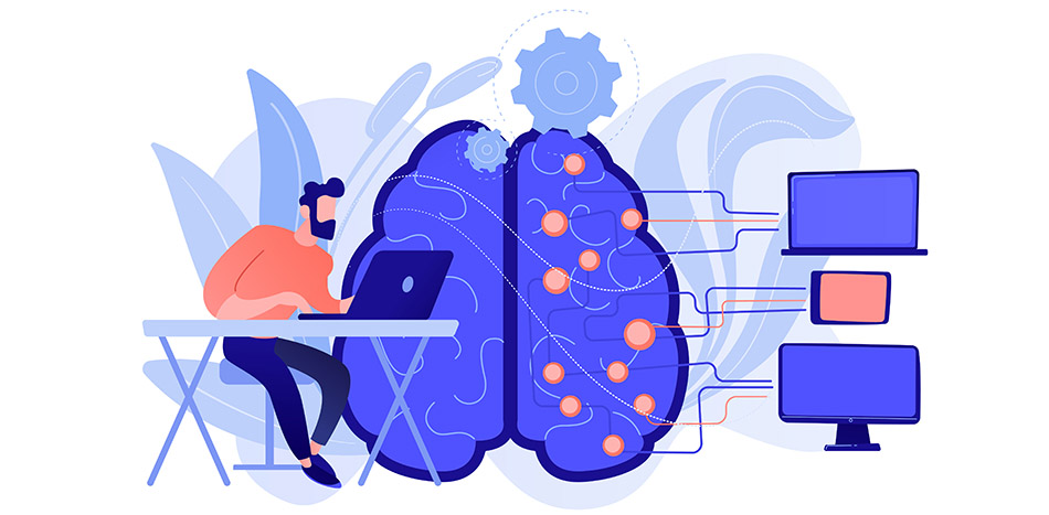 Illustration of man working on laptop with modafinil brain activity