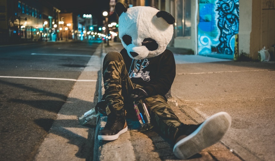Man wearing polar bear head is crashed out on curb side with empty bottles of alcohol