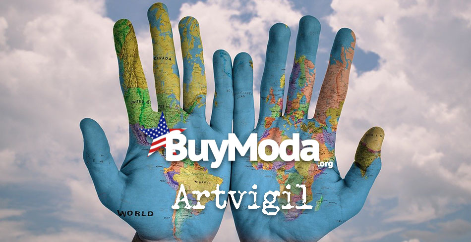 Globe painted onto palm of hands with text layer | Buy Moda Artvigil